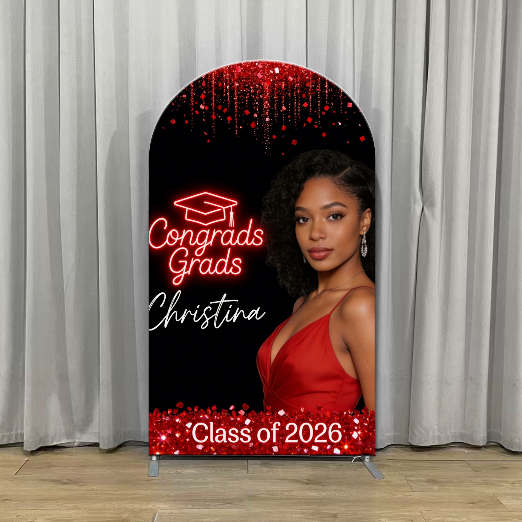 Neon Sign Grad Graduation Backdrop Red Neon Text Glitter Arch Graduation Photography Backdrop CSH63-133