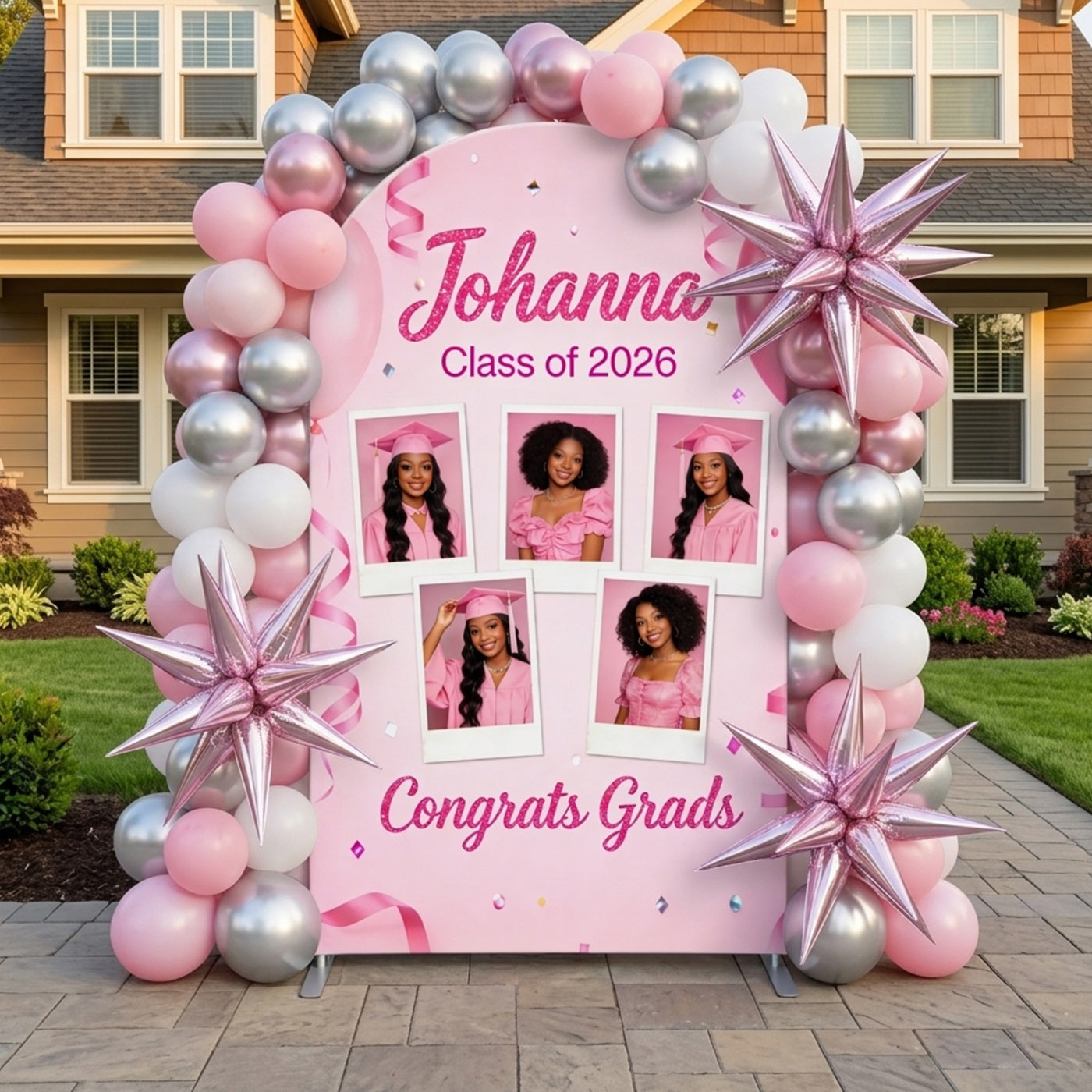Polaroid Collage Graduation Backdrop Pink Balloon Ribbon Arch School Graduation Backdrop Ideas CSH63-134
