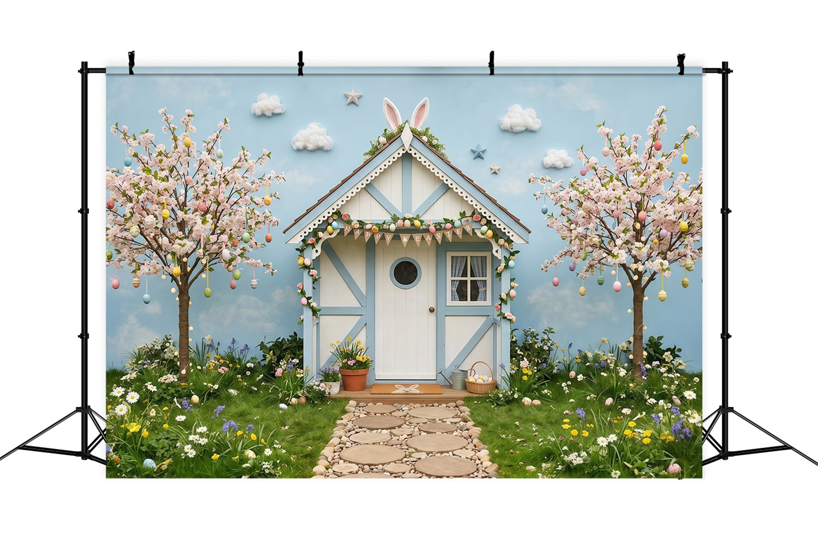 Easter Cherry Blossom Backdrop Spring Bunny Cottage Trees Easter Photo Backdrop CSH63-2