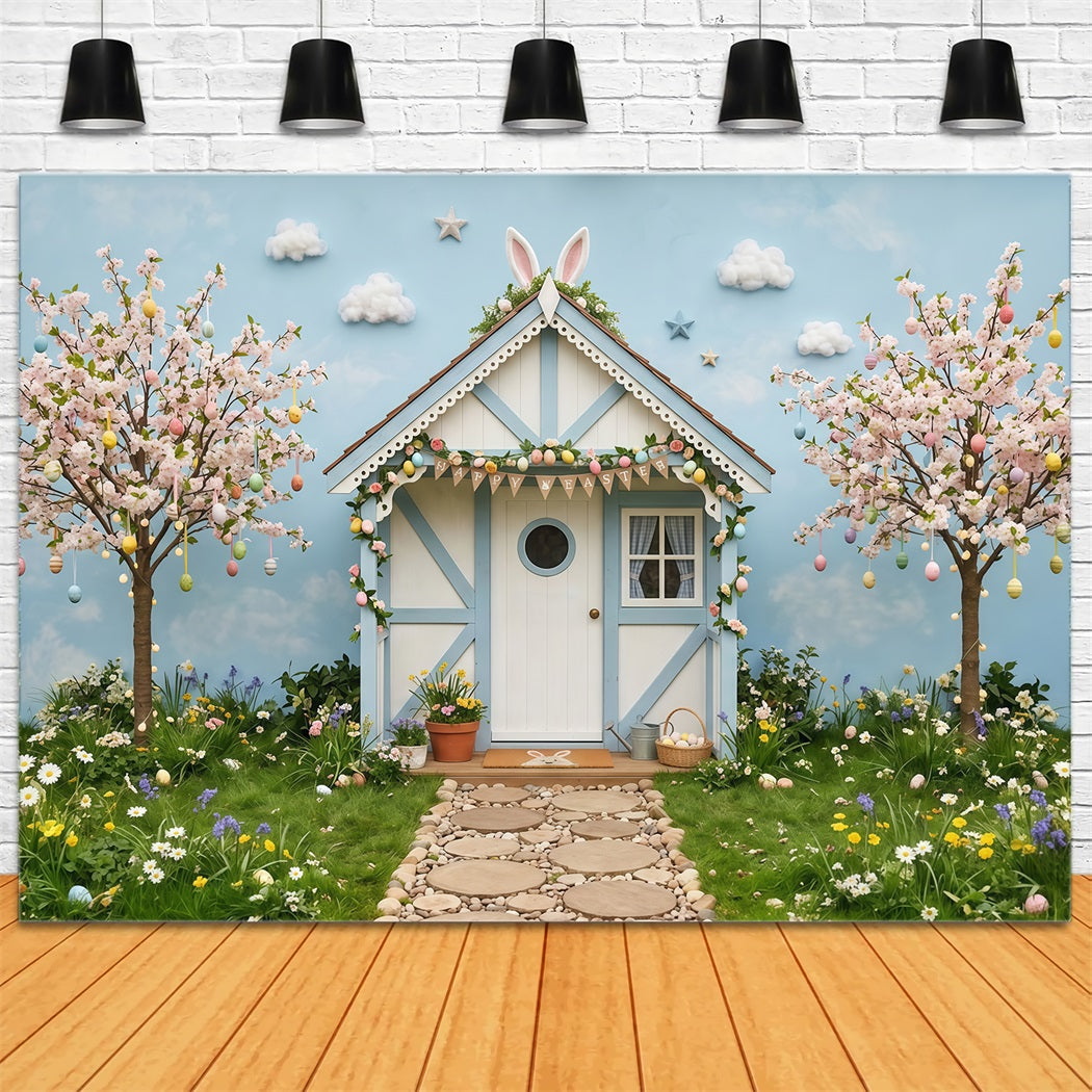 Easter Cherry Blossom Backdrop Spring Bunny Cottage Trees Easter Photo Backdrop CSH63-2