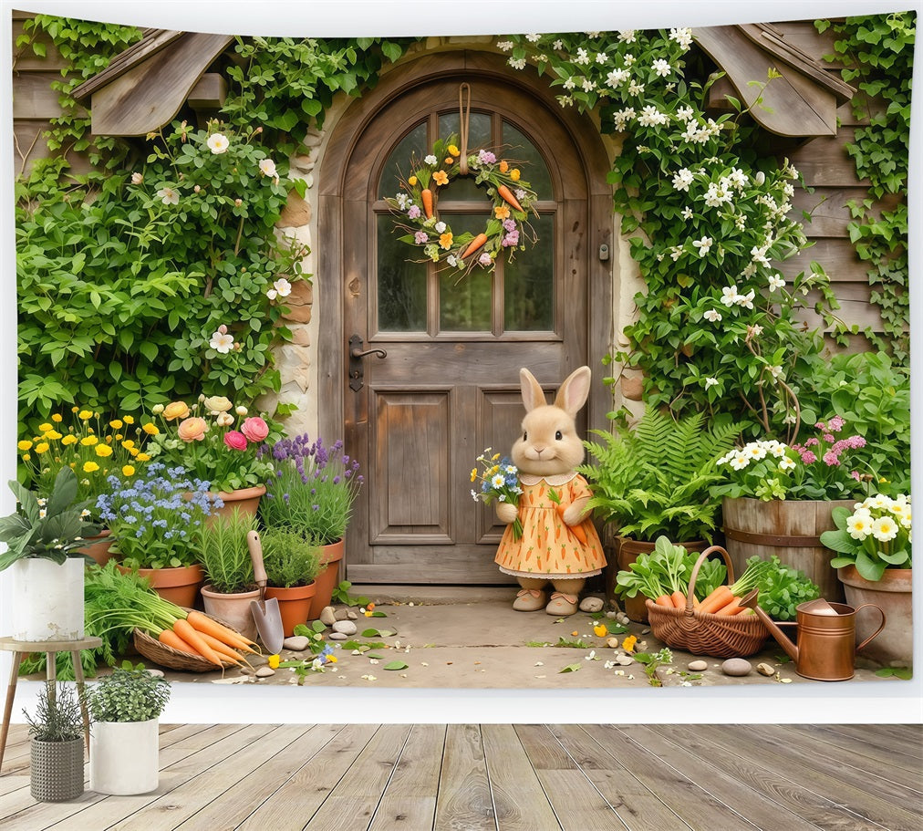 Easter Bunny Backdrop Cottage Door Flower Pots Easter Photography Backdrops For Sale CSH63-22