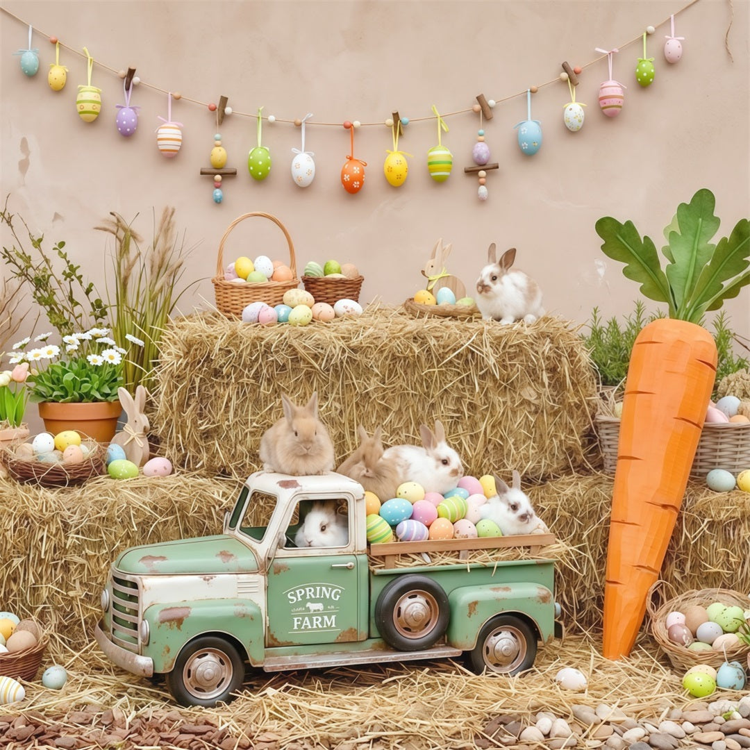 Easter Carrot Backdrop Rustic Farm Bunny Truck Hay Eggs Photo Backdrop Easter CSH63-23