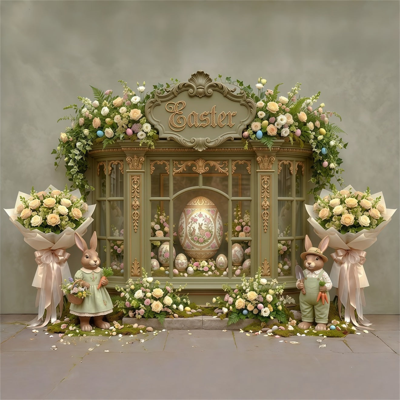Easter Spring Floral Wreath Backdrop Ornate Egg Floral Window Easter Themed Backdrop CSH63-31
