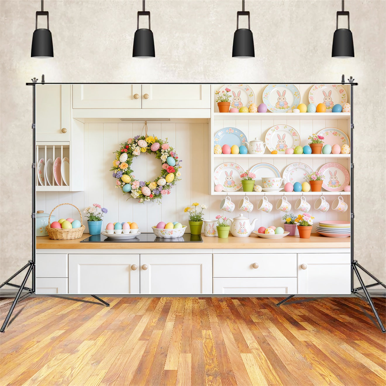 Easter Dessert Table Backdrop Kitchen Dishes Pastel Eggs Photo Backdrops For Easter CSH63-35