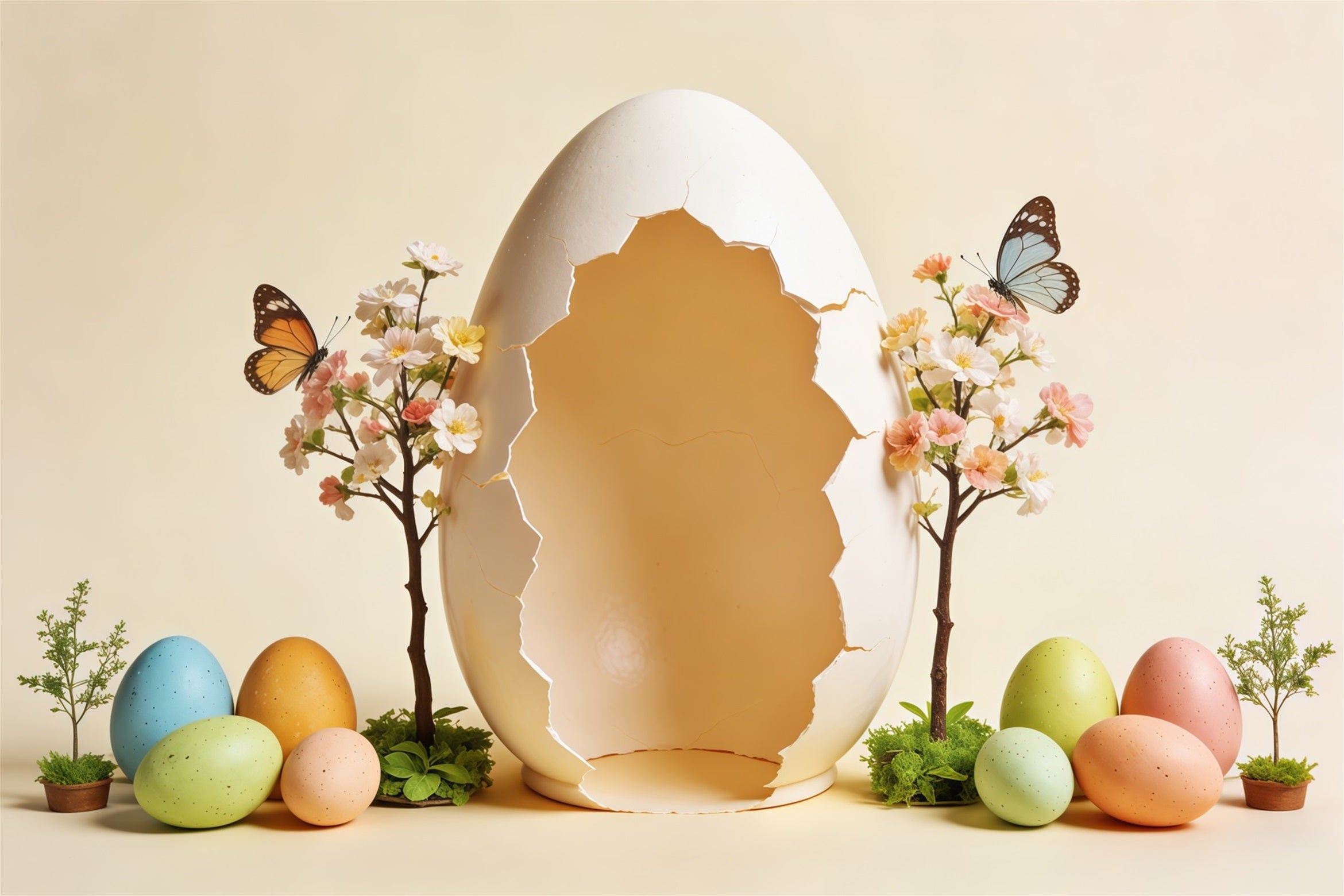 Easter Egg Backdrop Cracked Giant Egg Butterfly Blossom Tree Simple Easter Backdrop CSH63-36