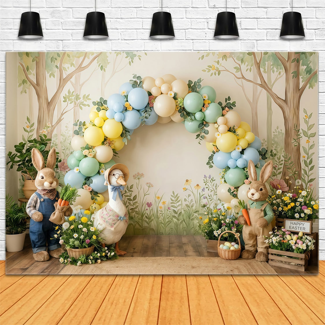 Easter Pastel Balloons Backdrop Bunny Duck Egg Basket Easter Backdrop Ideas CSH63-4