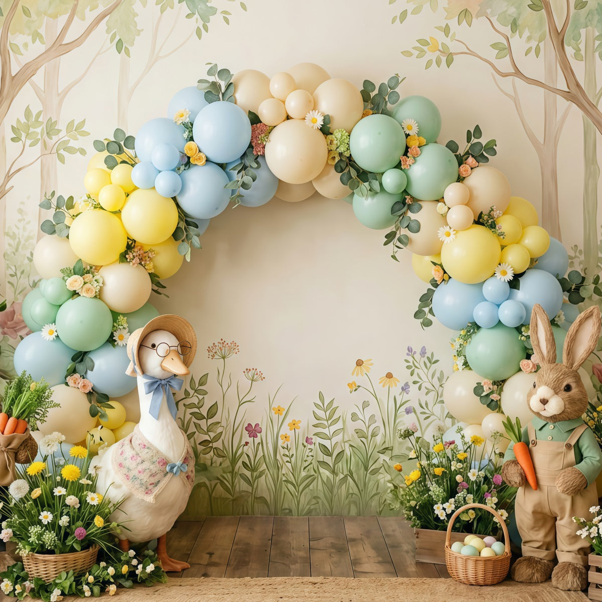 Easter Pastel Balloons Backdrop Bunny Duck Egg Basket Easter Backdrop Ideas CSH63-4