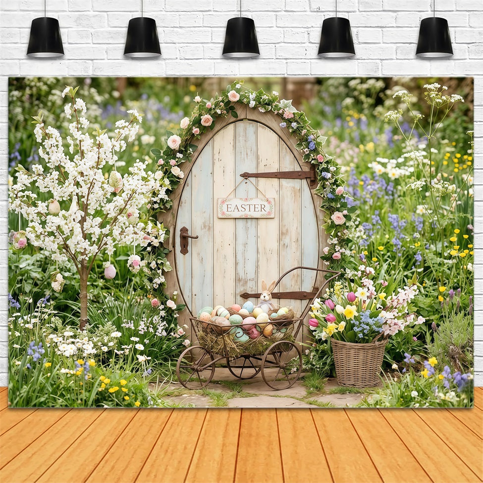 Easter Cottage Garden Backdrop Wildflower Bunny Door Egg Cart Easter Photo Backdrops CSH63-5