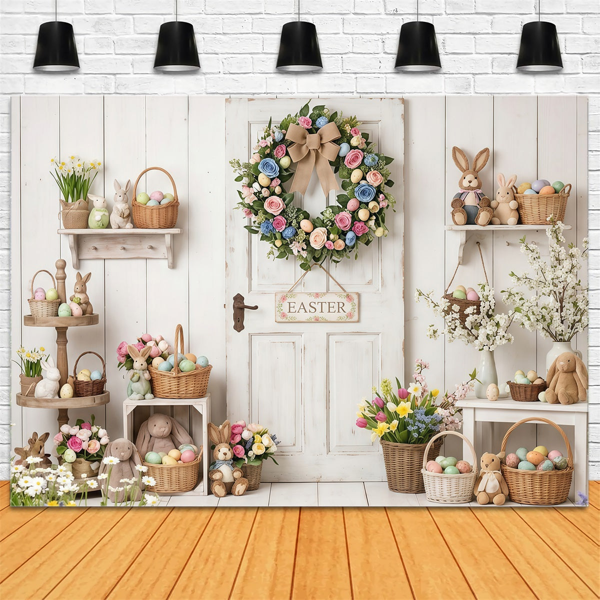 Easter Rustic Backdrop Rustic Door Wreath Egg Baskets Easter Backdrop Photography CSH63-6
