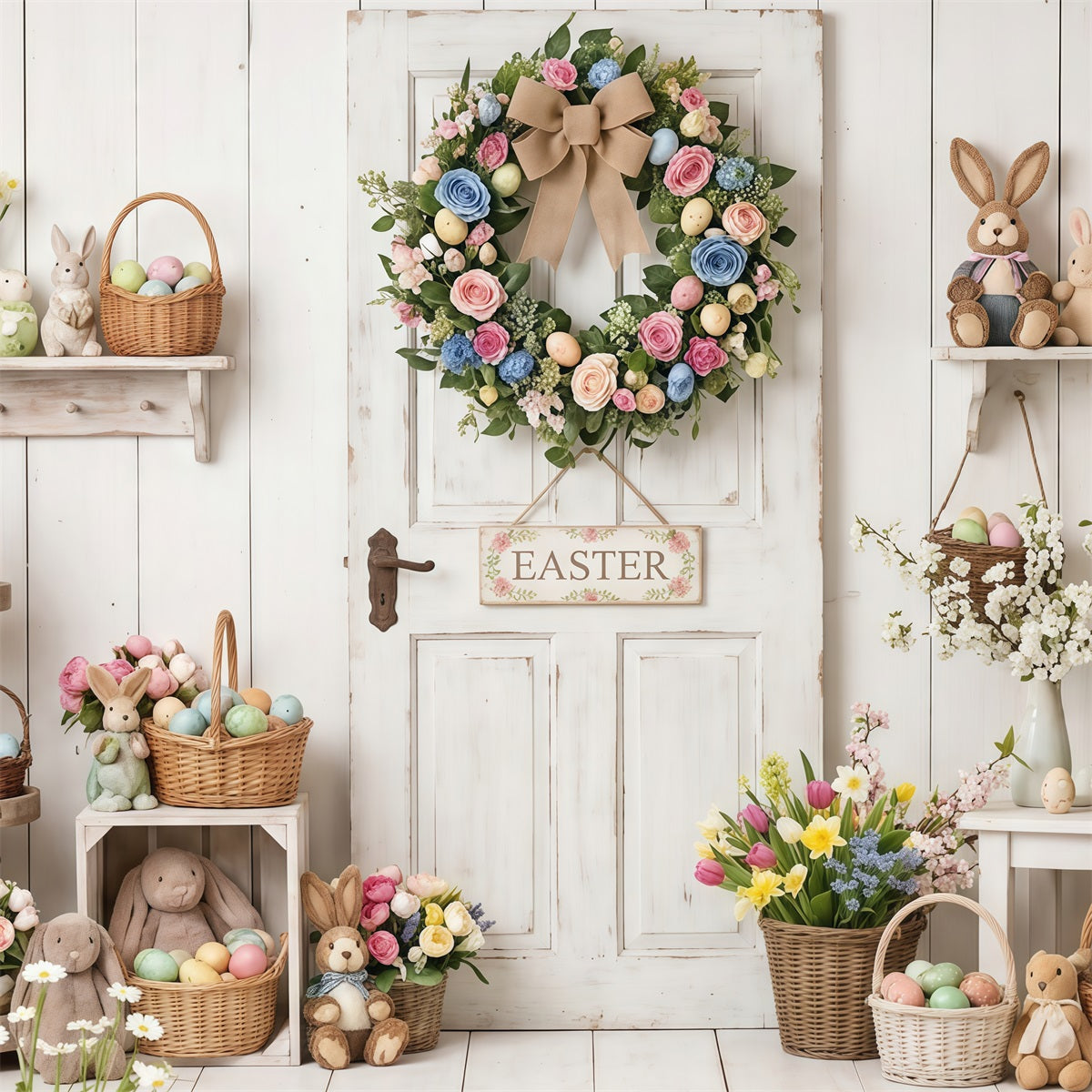 Easter Rustic Backdrop Rustic Door Wreath Egg Baskets Easter Backdrop Photography CSH63-6