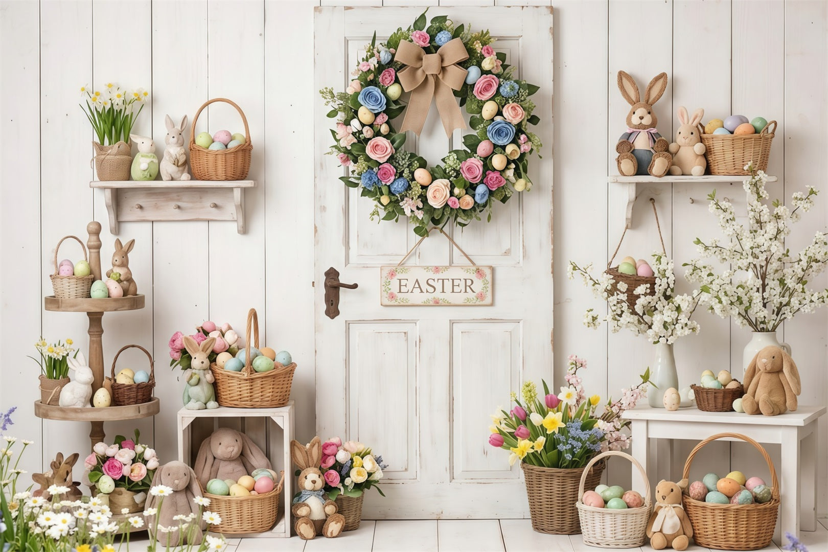 Easter Rustic Backdrop Rustic Door Wreath Egg Baskets Easter Backdrop Photography CSH63-6