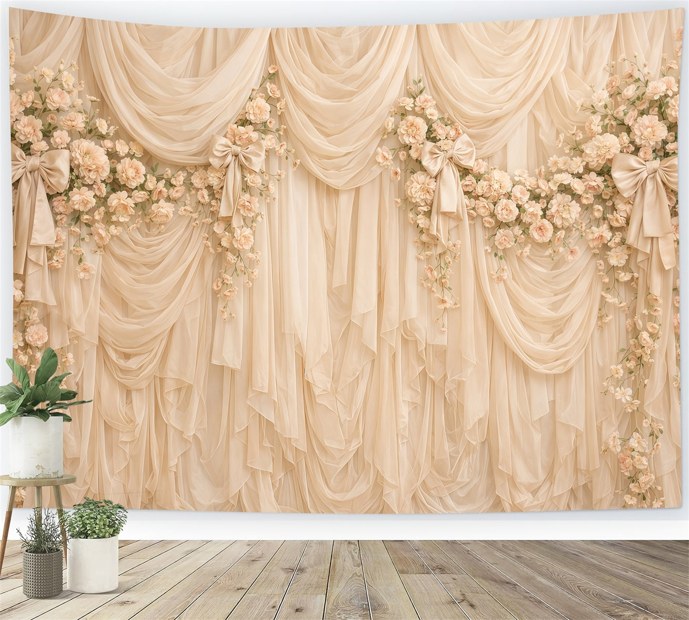 Ribbon Bow Mother's Day Backdrop Champagne Draped Floral Bow Mother's Day Backdrops CSH63-69