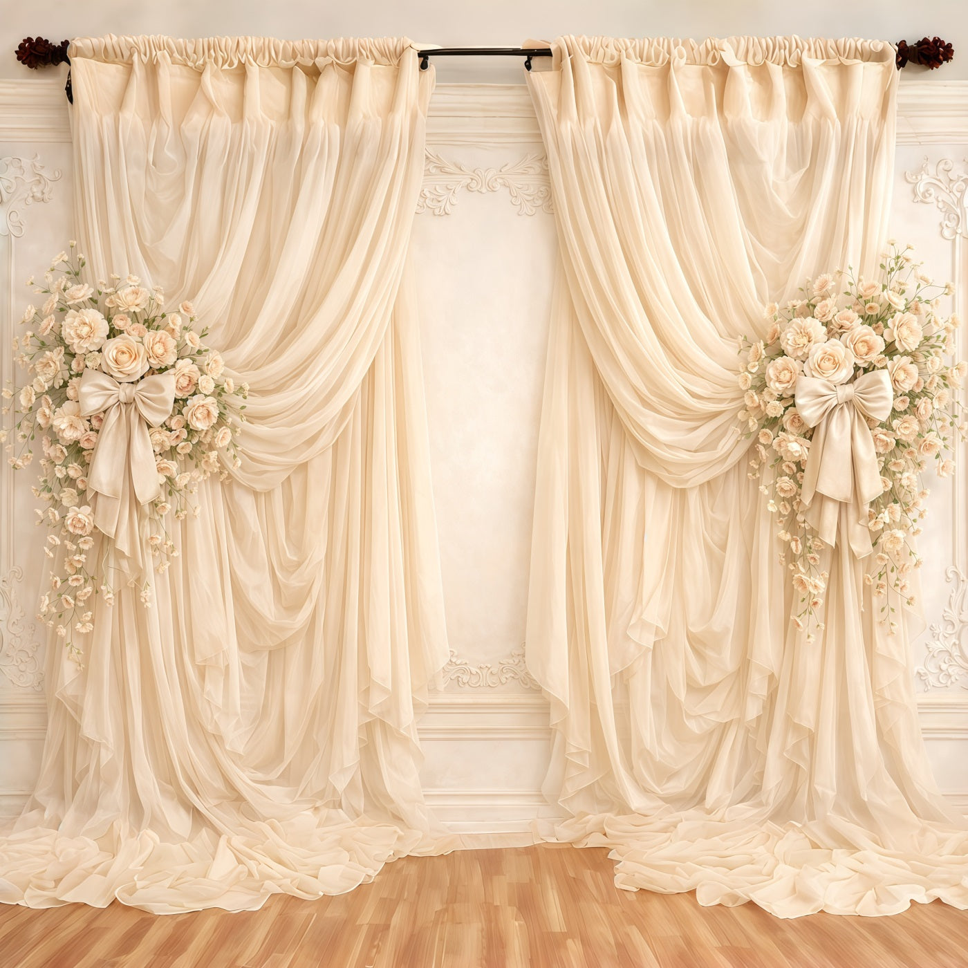 Ribbon Bow Mother's Day Backdrop Ivory Curtain Floral Bow Mother's Day Backdrops CSH63-70