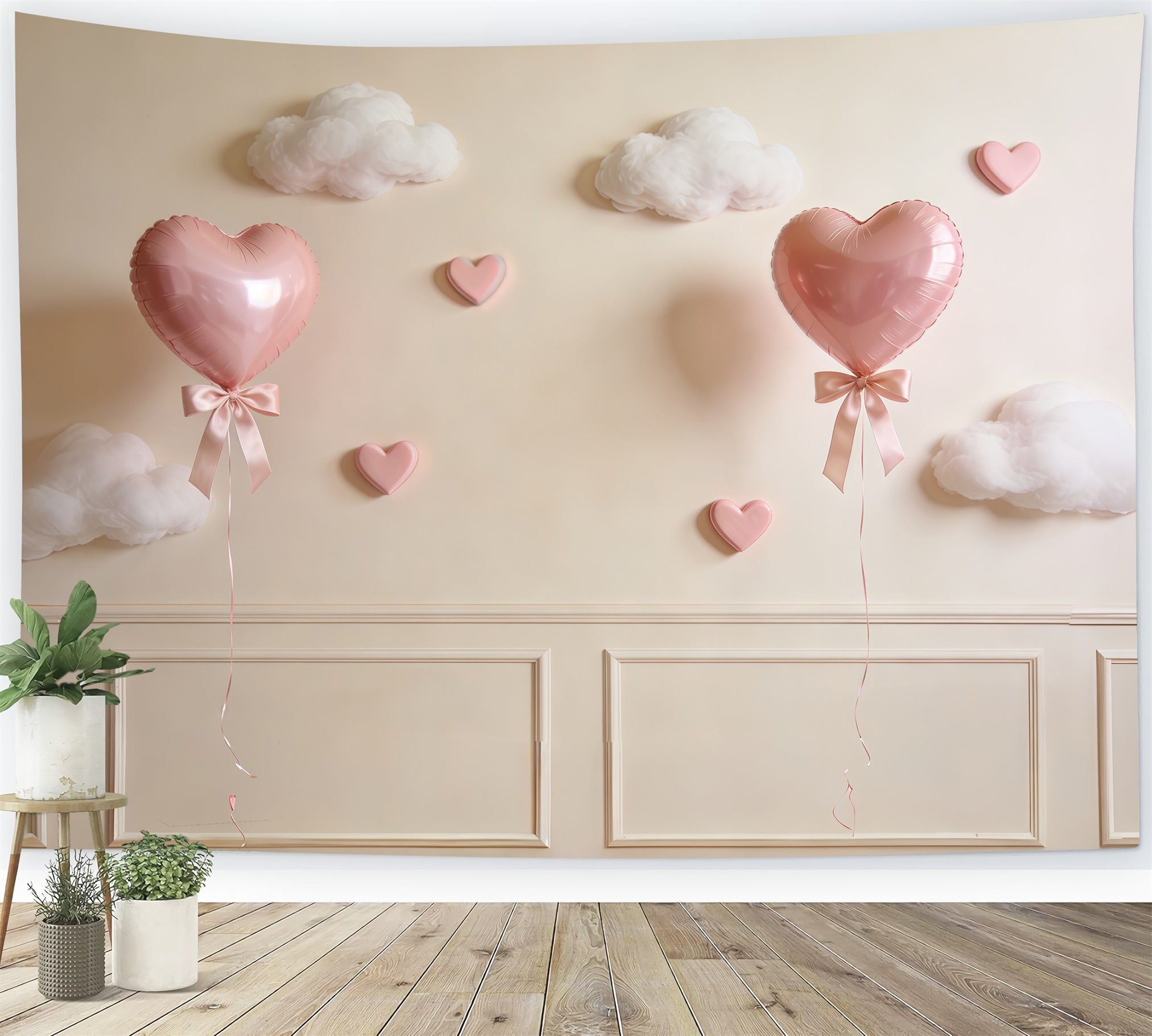 Ribbon Bow Mother's Day Backdrop Pink Heart Balloon Cloud Wall Mother's Day Backdrops CSH63-74