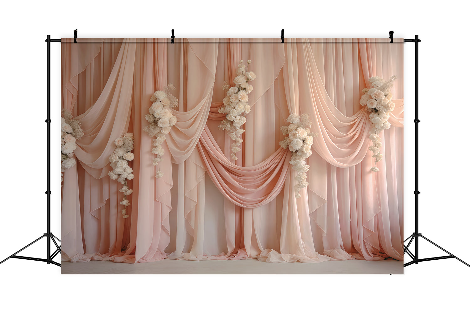 Sheer Curtains Mother's Day Backdrop Blush Draped White Rose Swags Mothers Day Backdrops CSH63-75