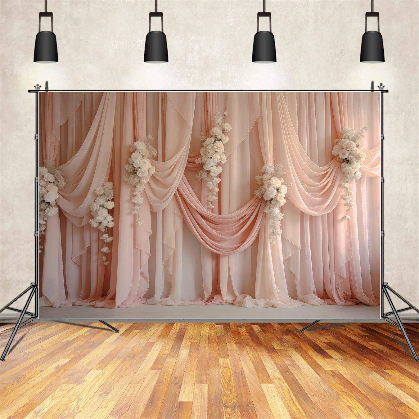 Sheer Curtains Mother's Day Backdrop Blush Draped White Rose Swags Mothers Day Backdrops CSH63-75