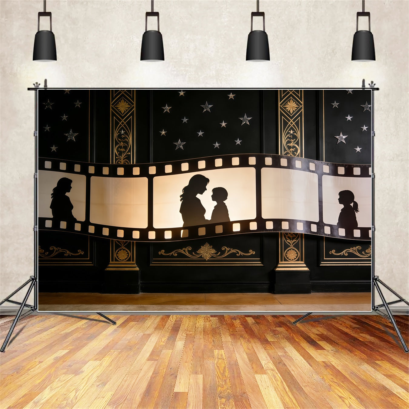 Mother Daughter Silhouette Mother's Day Backdrop Golden Filmstrip Art Deco Mother Day Backdrop CSH63-81