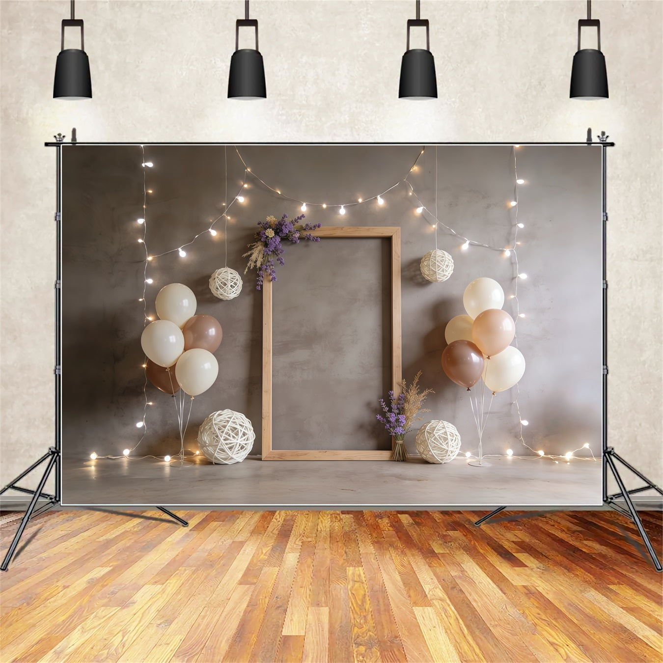 Lavender Bouquet Rustic Frame Balloon Fairy Lights Happy Mother's Day Backdrop CSH63-85