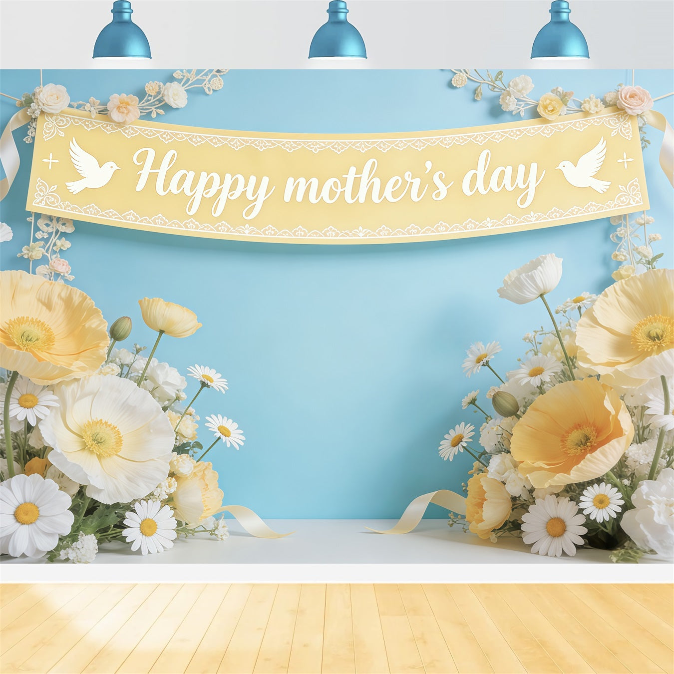 Mother's Day Backdrop For Church Blue Daisy Poppy Banner Photo Backdrops For Mothers Day CSH63-91