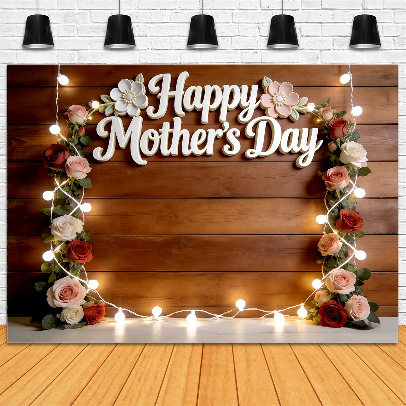 Church Mother's Day Backdrop Rustic Rose String Light Frame Mothers Day Picture Backdrop CSH63-96
