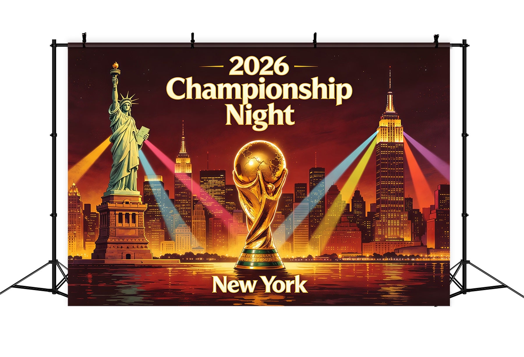 2026 Soccer  Watch Party Backdrop New York Skyline Trophy Spotlight Championship Viewing Party Backdrop CSH64-100