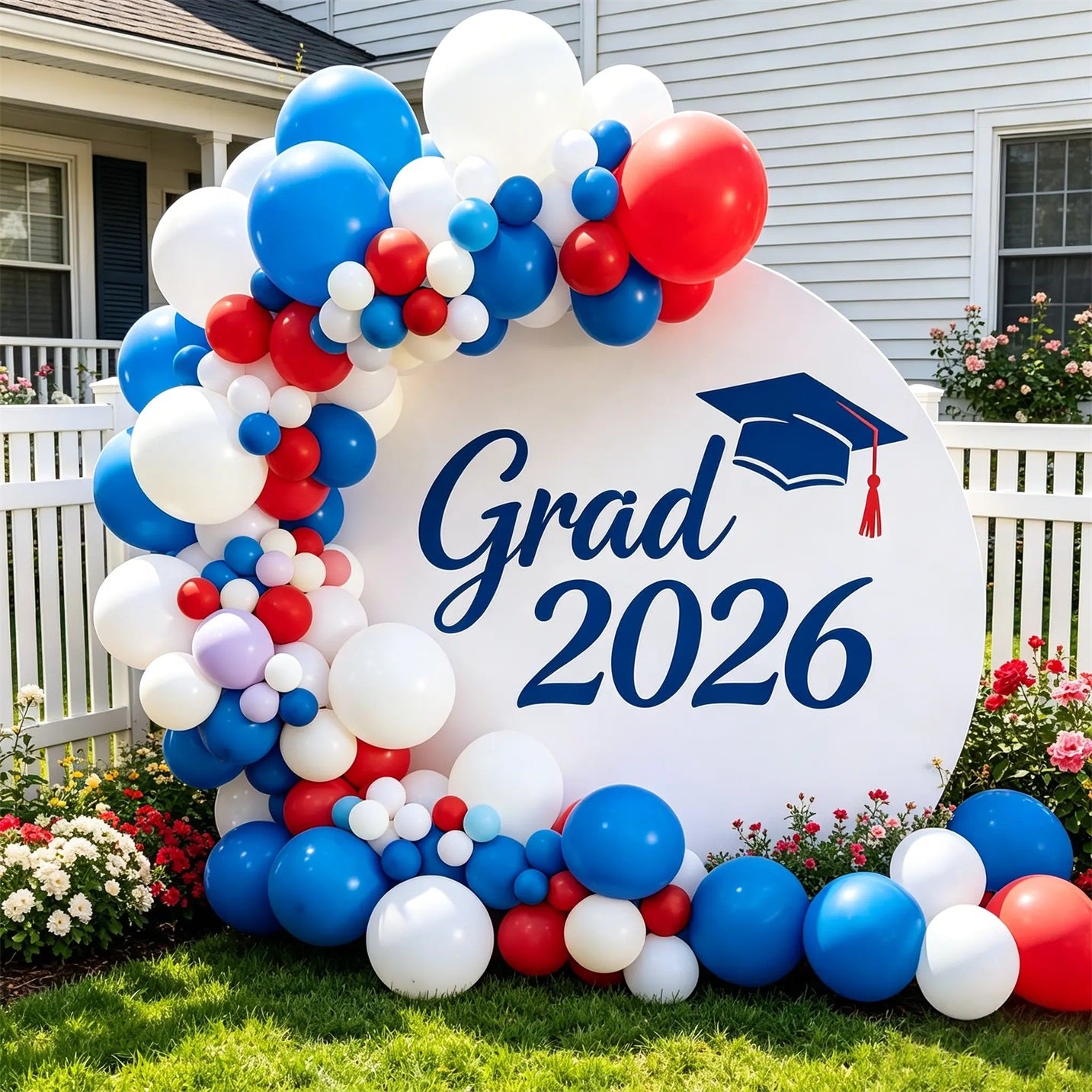 Graduation Backdrop White Navy Red Cap Round Custom Graduation Backdrop CSH64-38