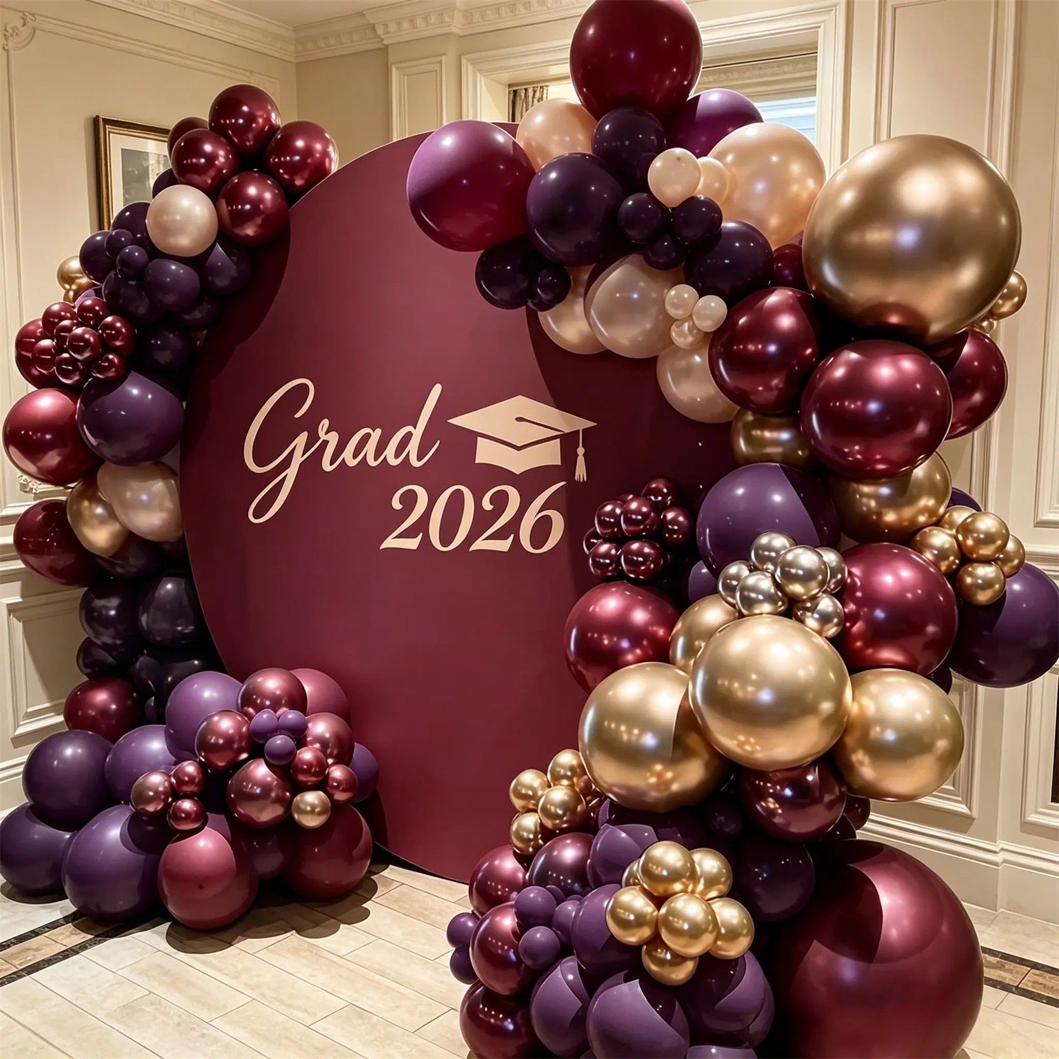 Luxury Graduation Backdrop Burgundy Gold Classic Grad Round Elegant Graduation Backdrop CSH64-41