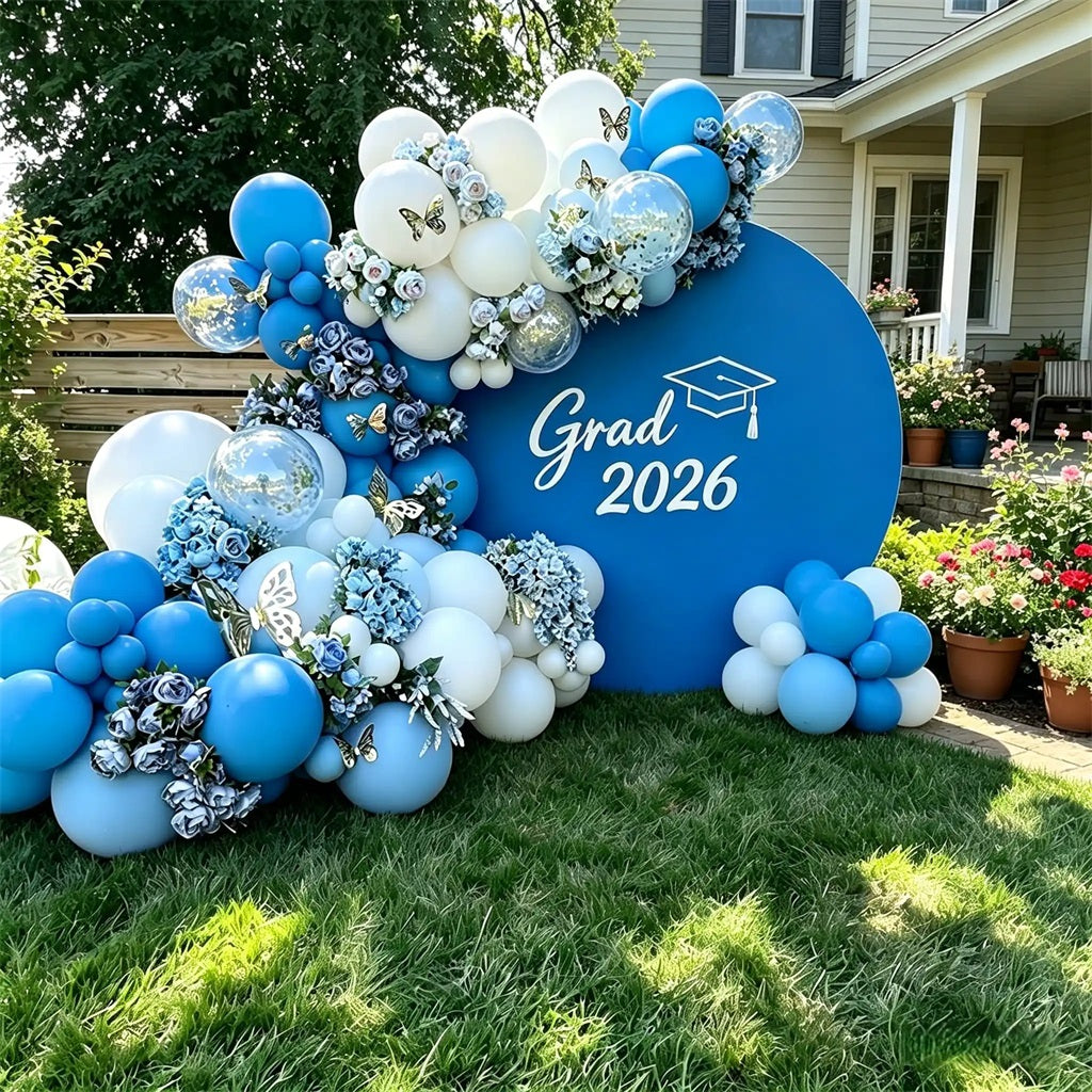 Graduation Event Backdrop Blue White Small Grad Round Graduation Party Event Backdrop CSH64-48