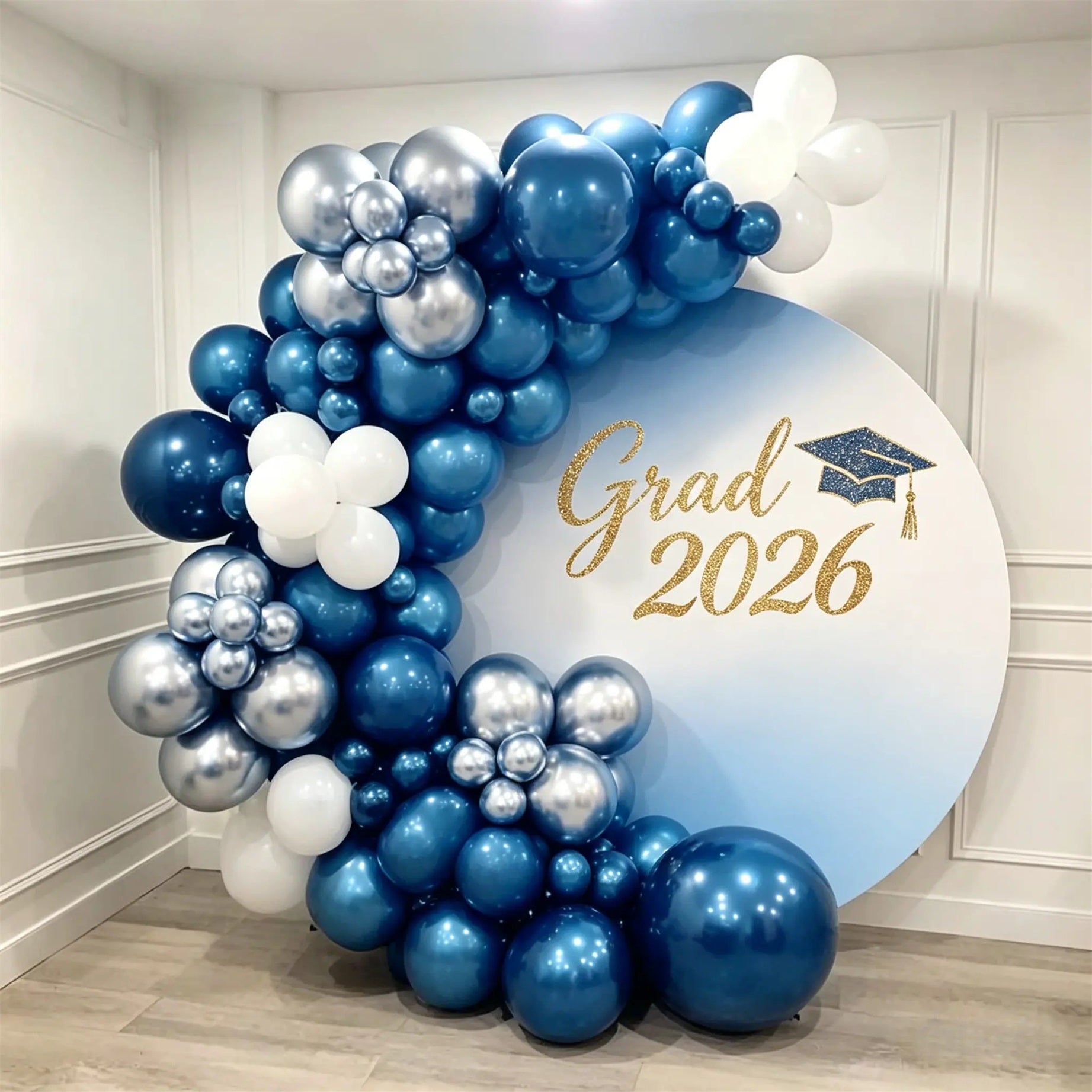 Personalized Graduation Round Backdrop Blue Gold Glitter Grad Custom Graduation Round Backdrop CSH64-53