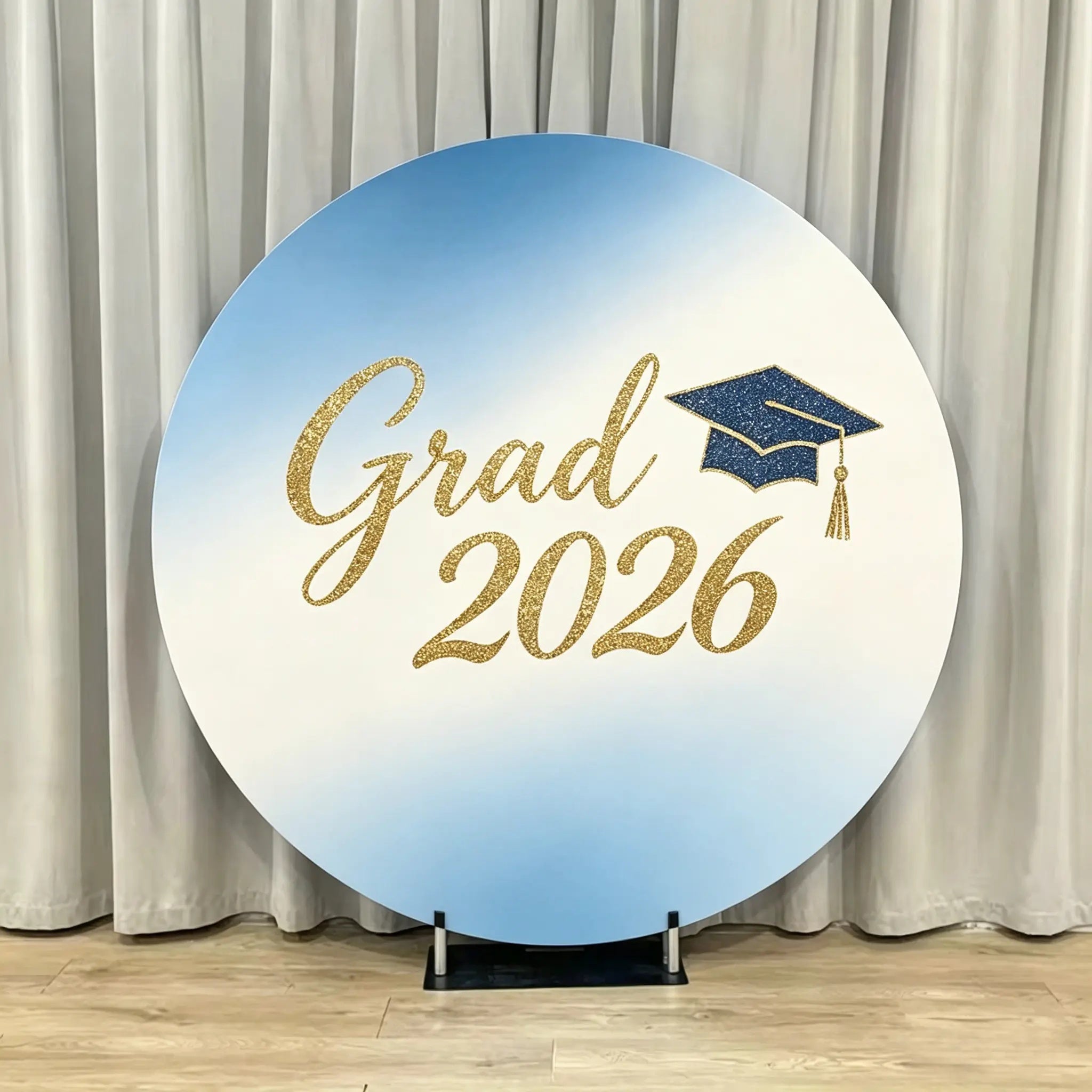 Personalized Graduation Round Backdrop Blue Gold Glitter Grad Custom Graduation Round Backdrop CSH64-53