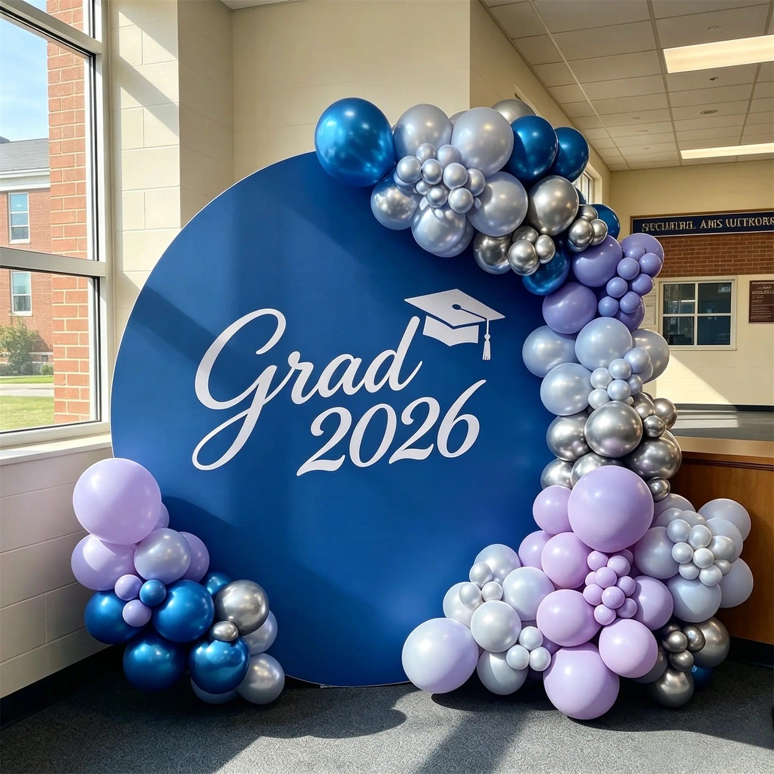 Congrats Grad Round Backdrop Blue White Elegant Grad 2026 Graduation Round Party Backdrop CSH64-60