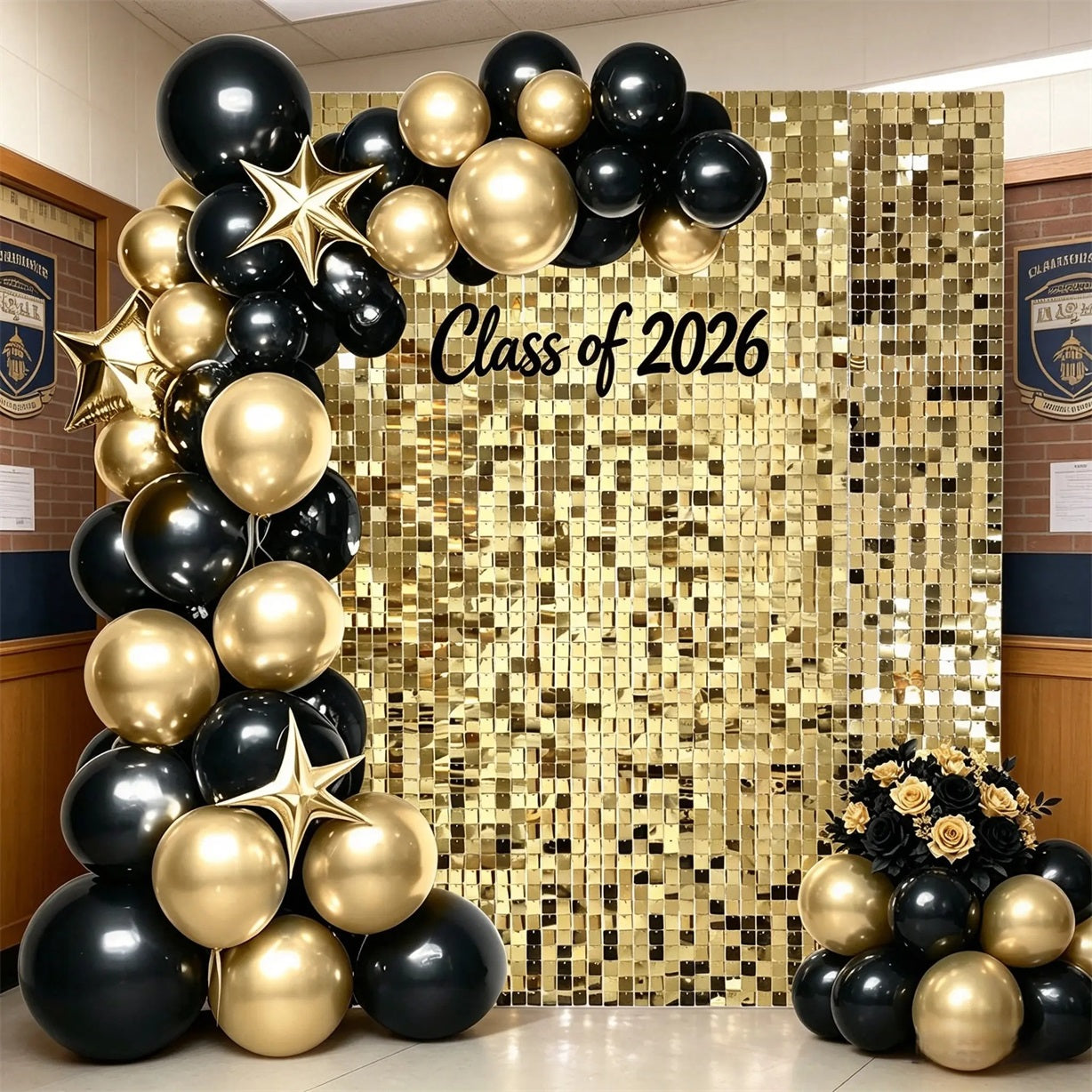 Graduation Shimmer Backdrop Reflective Sequin Wall Black And Gold Graduation Shimmer Backdrop CSH64-61