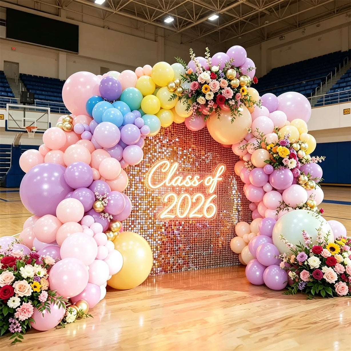 Graduation Shimmer Backdrop Vibrant Party Setup Graduation Shimmer Wall Backdrop With Balloon Garland CSH64-71