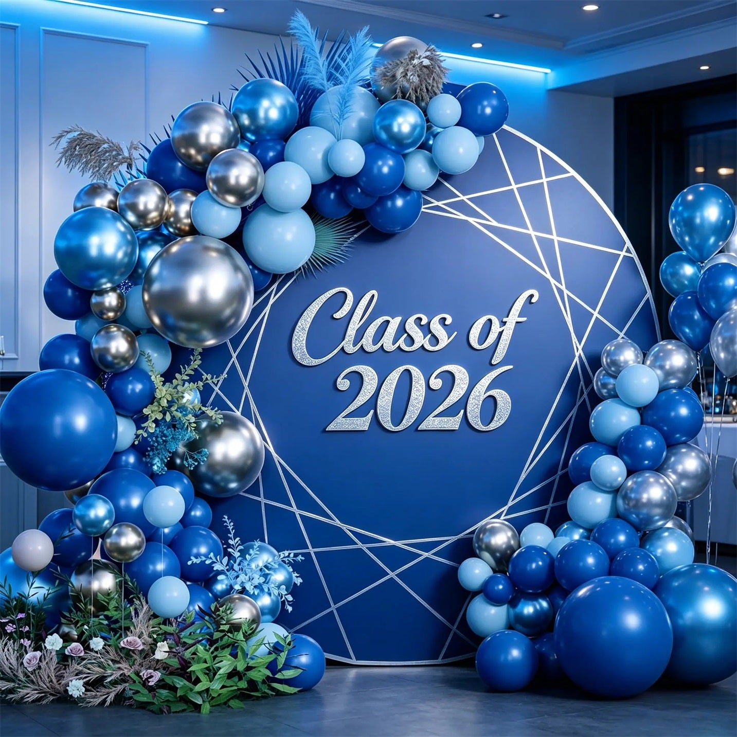 Round Graduation Backdrop Blue Silver Geometric Round Blue Silver Graduation Backdrop CSH64-75