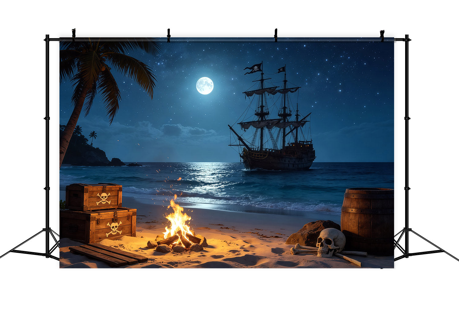 Caribbean Backdrop Tropical Pirate Beach Bonfire Treasure Summer Backdrops CSH64-79