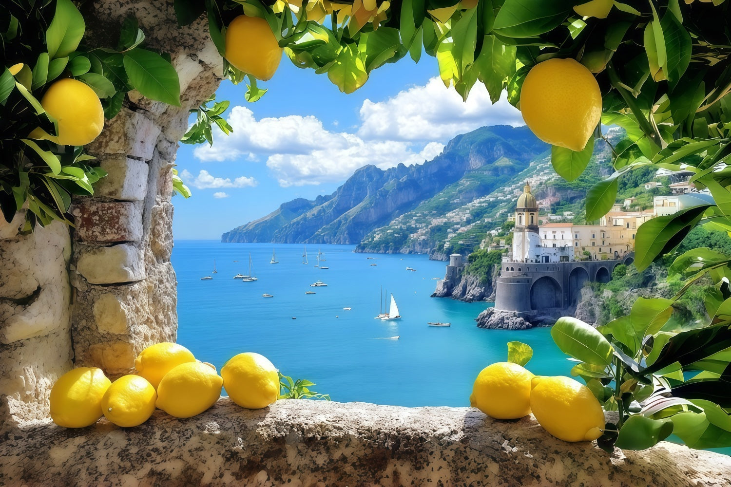 Amalfi Coast Backdrop Lemons Mediterranean Sea Scenery Summer Backdrop Ideas CSH64-81