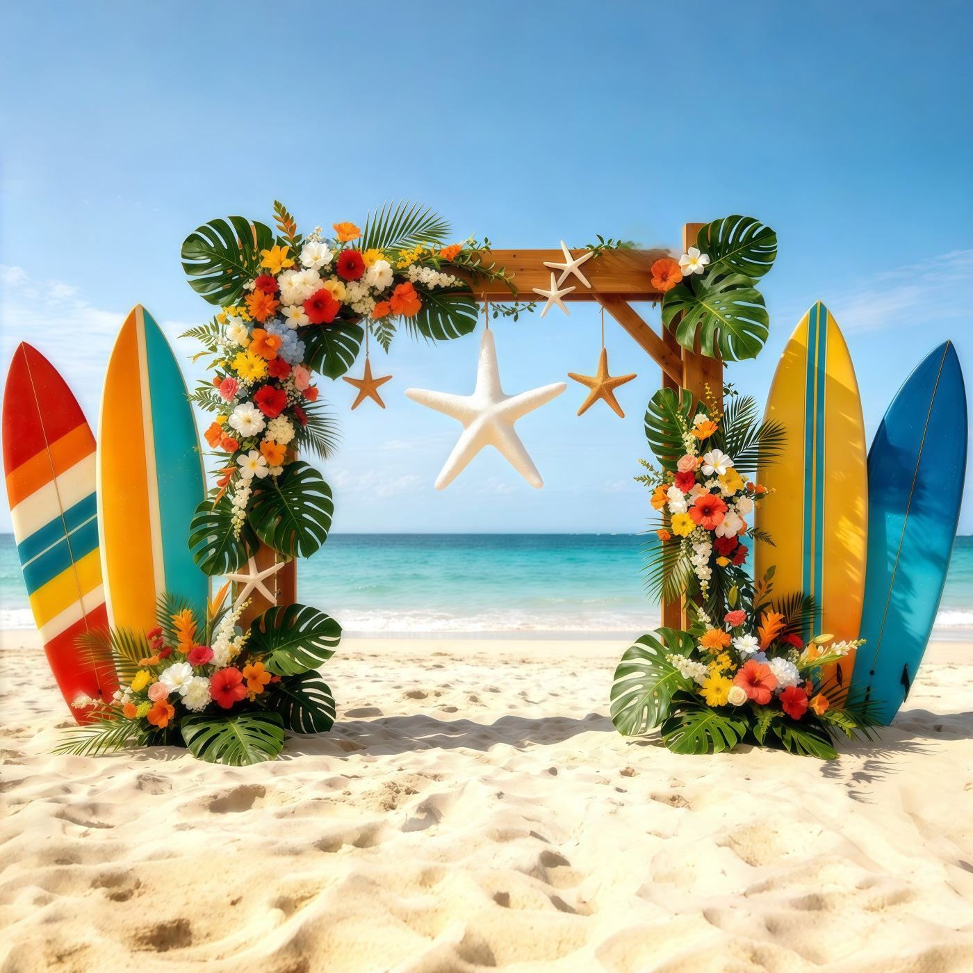 Beach Backdrop Tropical Surfboard Floral Starfish Arch Summer Photo Backdrop CSH64-86