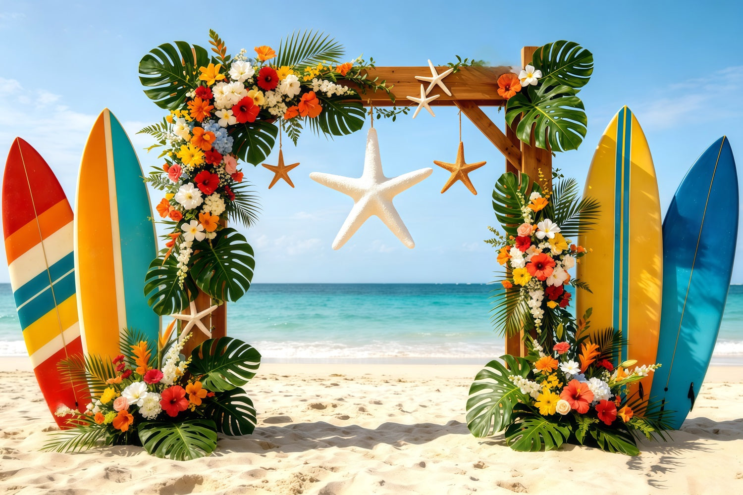 Beach Backdrop Tropical Surfboard Floral Starfish Arch Summer Photo Backdrop CSH64-86