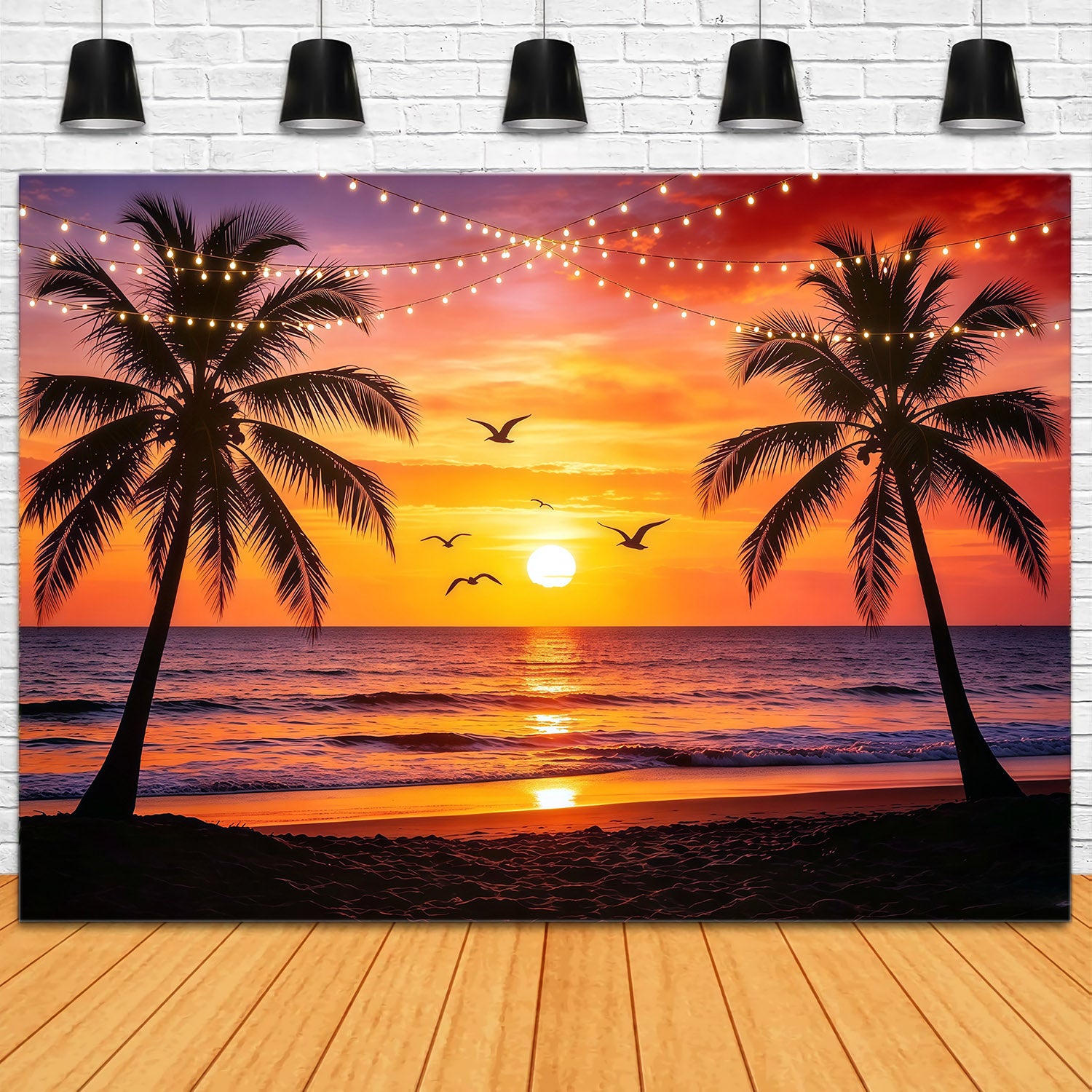 Beach Backdrop Sunset Palm String Light Sea Beach Backdrop For Photos CSH64-87