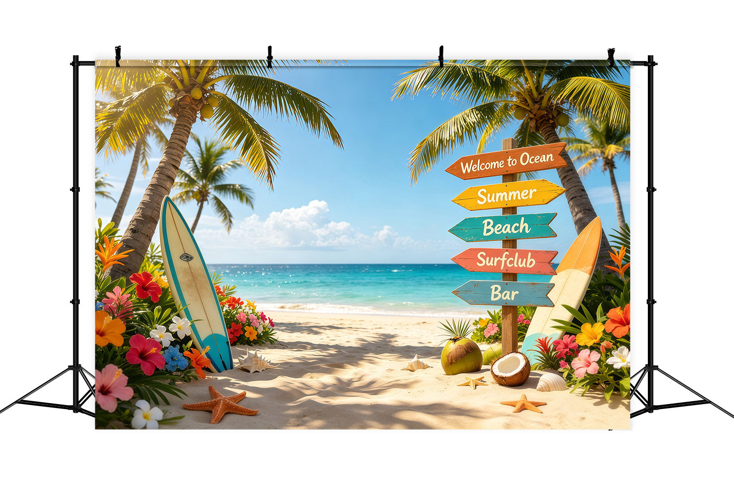 Beach Backdrop Tropical Signpost Surfboard Flower Beach Summer Backdrop Ideas CSH64-91