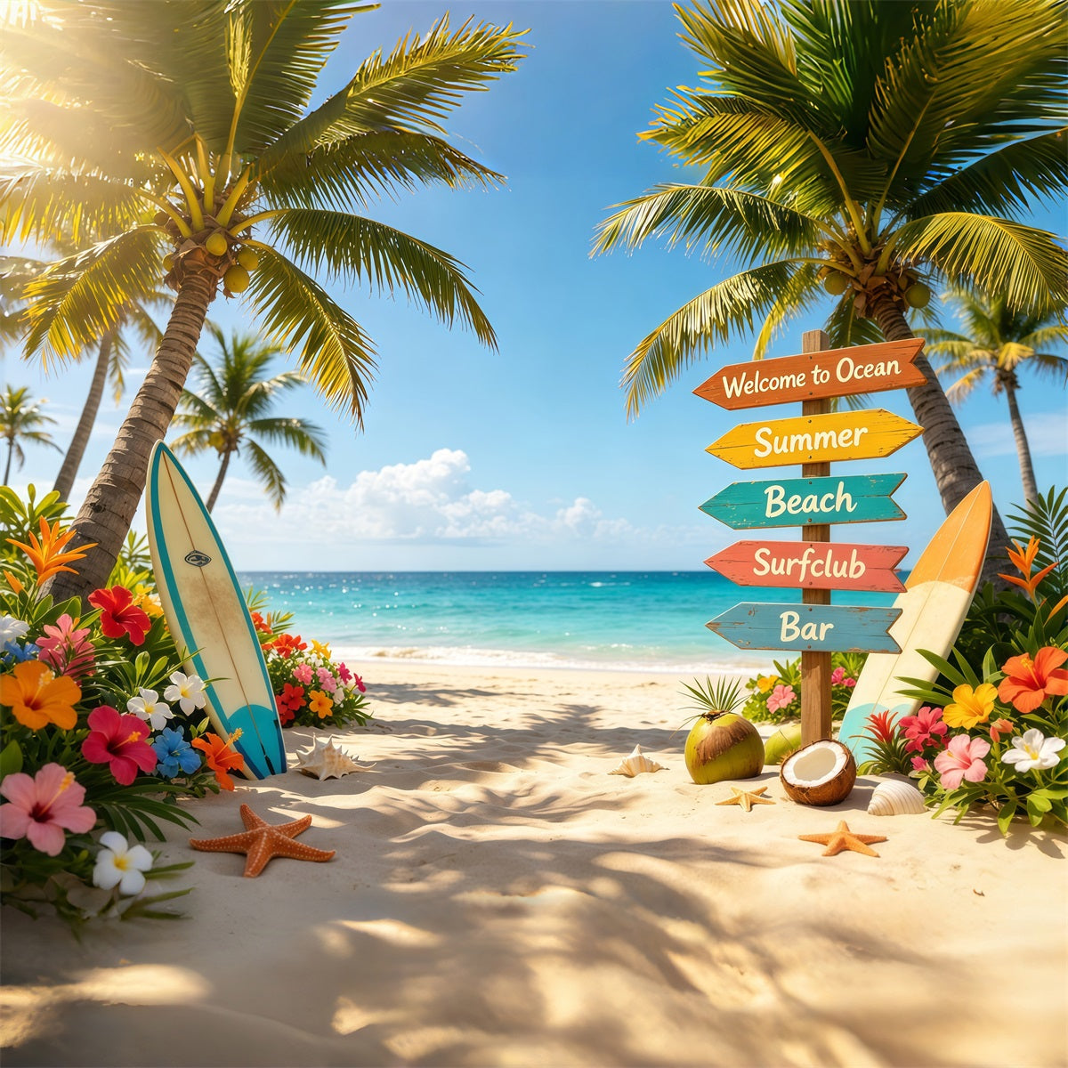 Beach Backdrop Tropical Signpost Surfboard Flower Beach Summer Backdrop Ideas CSH64-91