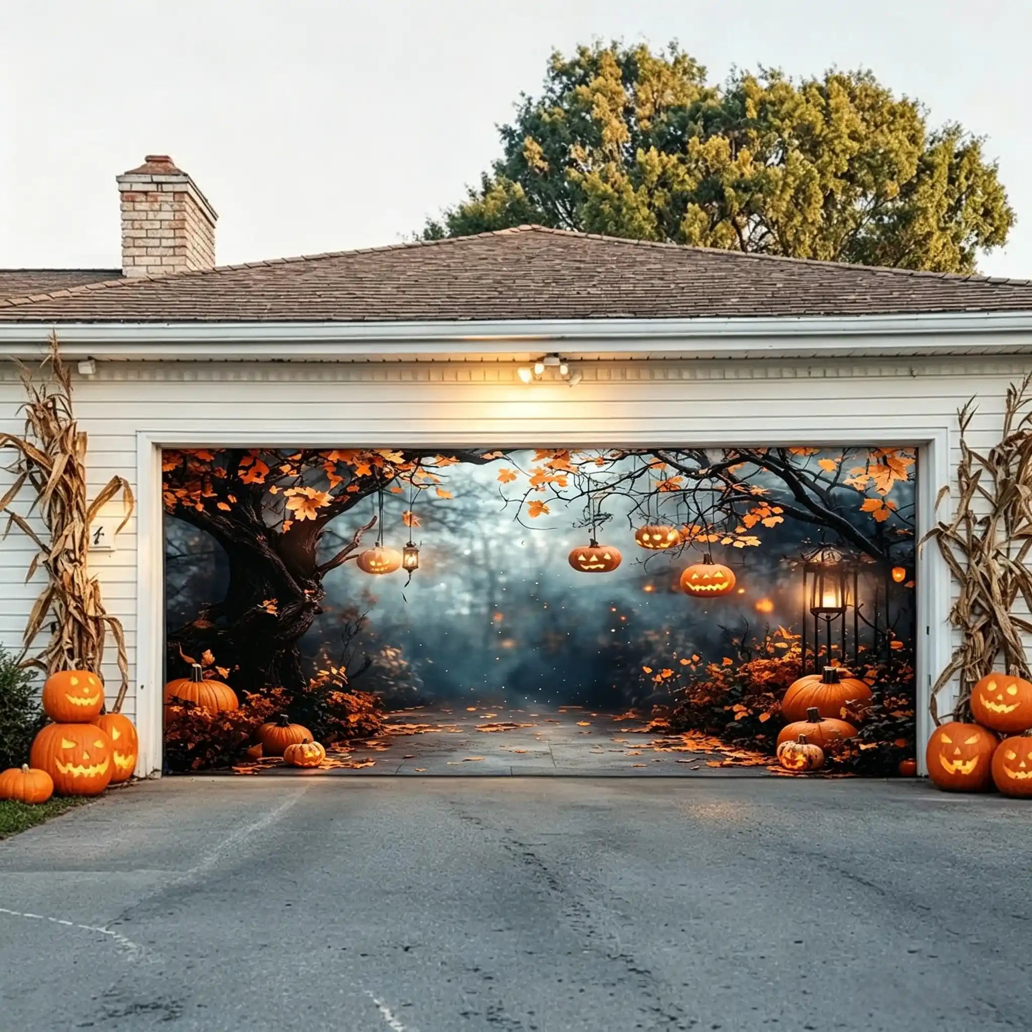 Halloween Backdrop Autumn Pumpkin Forest Path Halloween Garage Door Cover CSH67-1