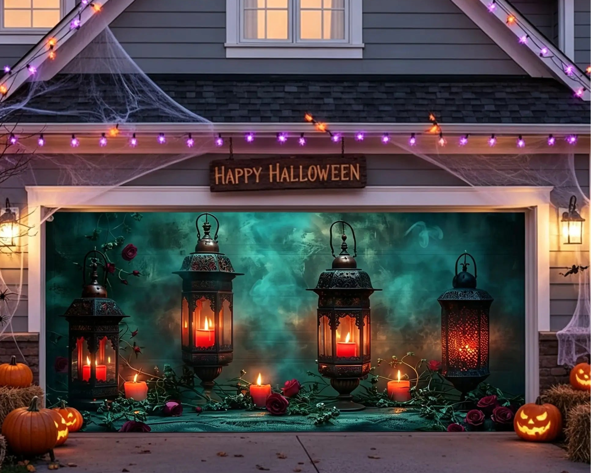 Halloween Backdrop Candlelit Rose Lantern Display Halloween Garage Door Banner CSH67-10-2 car