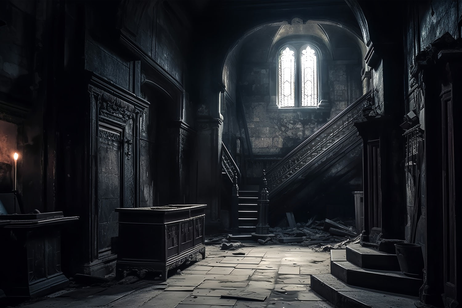 Halloween Creepy Backdrop Abandoned Gothic Staircase Hall Halloween Garage Door Cover CSH67-11