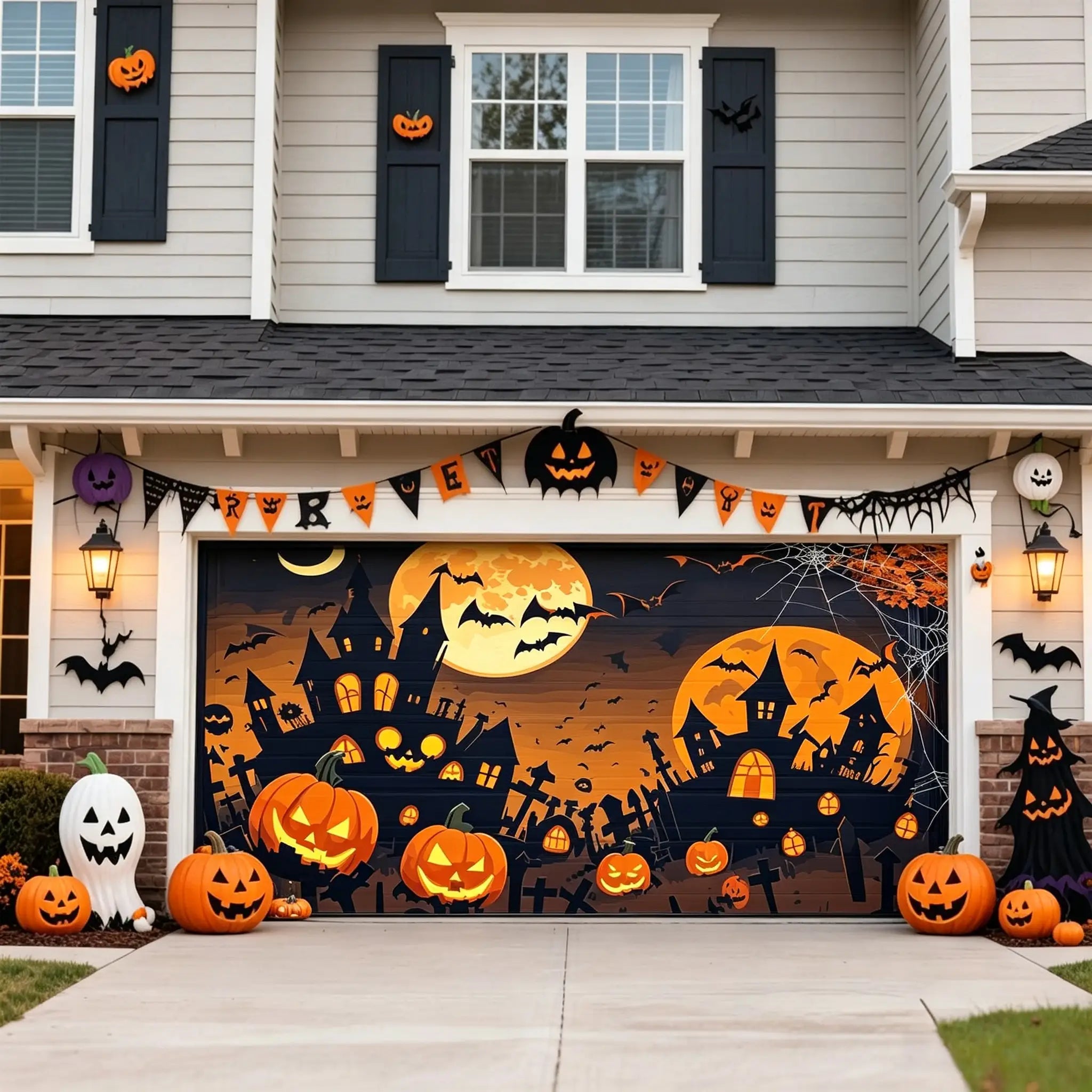 Halloween Backdrop Moonlit Pumpkin Haunted Village Halloween Garage Door Decorations CSH67-12