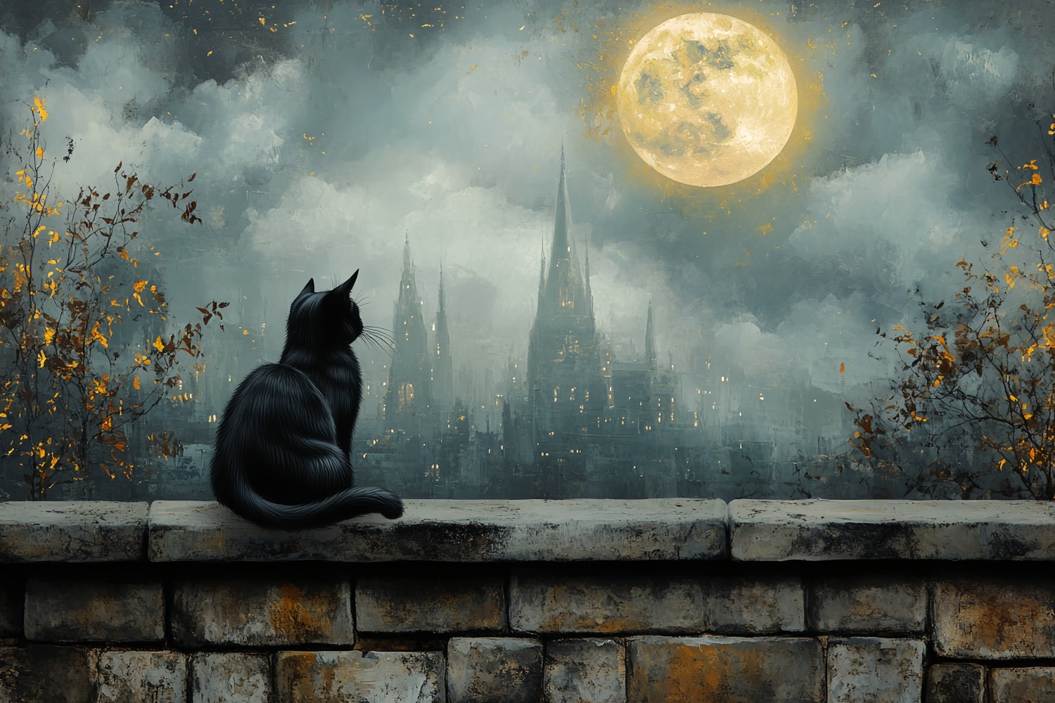 Halloween Moonlit Black Cat Castle Halloween Garage Door Banner CSH67-15