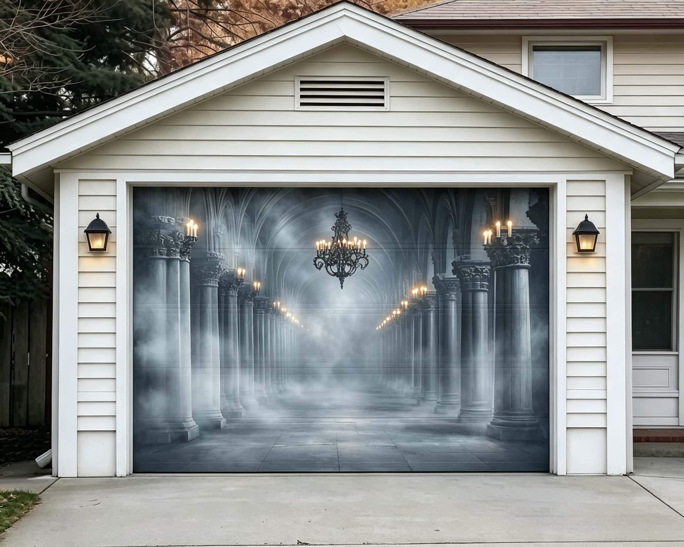 Halloween Gothic Backdrop Foggy Candlelit Gothic Colonnade Halloween Garage Door Decorations CSH67-17-1 car