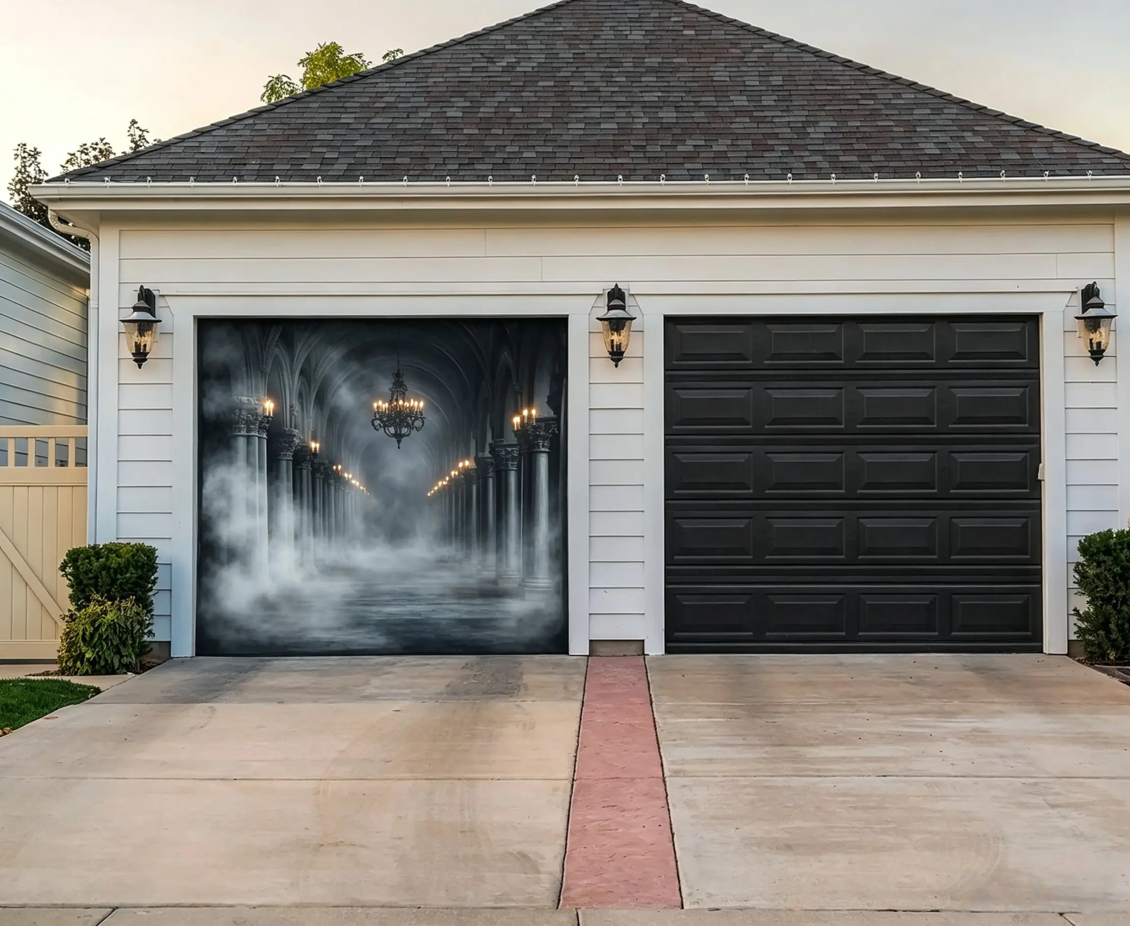 Halloween Gothic Backdrop Foggy Candlelit Gothic Colonnade Halloween Garage Door Decorations CSH67-17