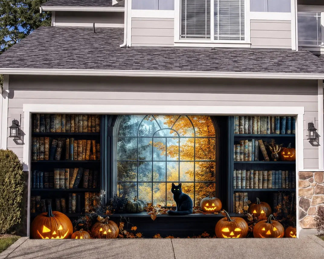 Halloween Black Cat Pumpkin Library Garage Door Banner CSH67-20-2 car