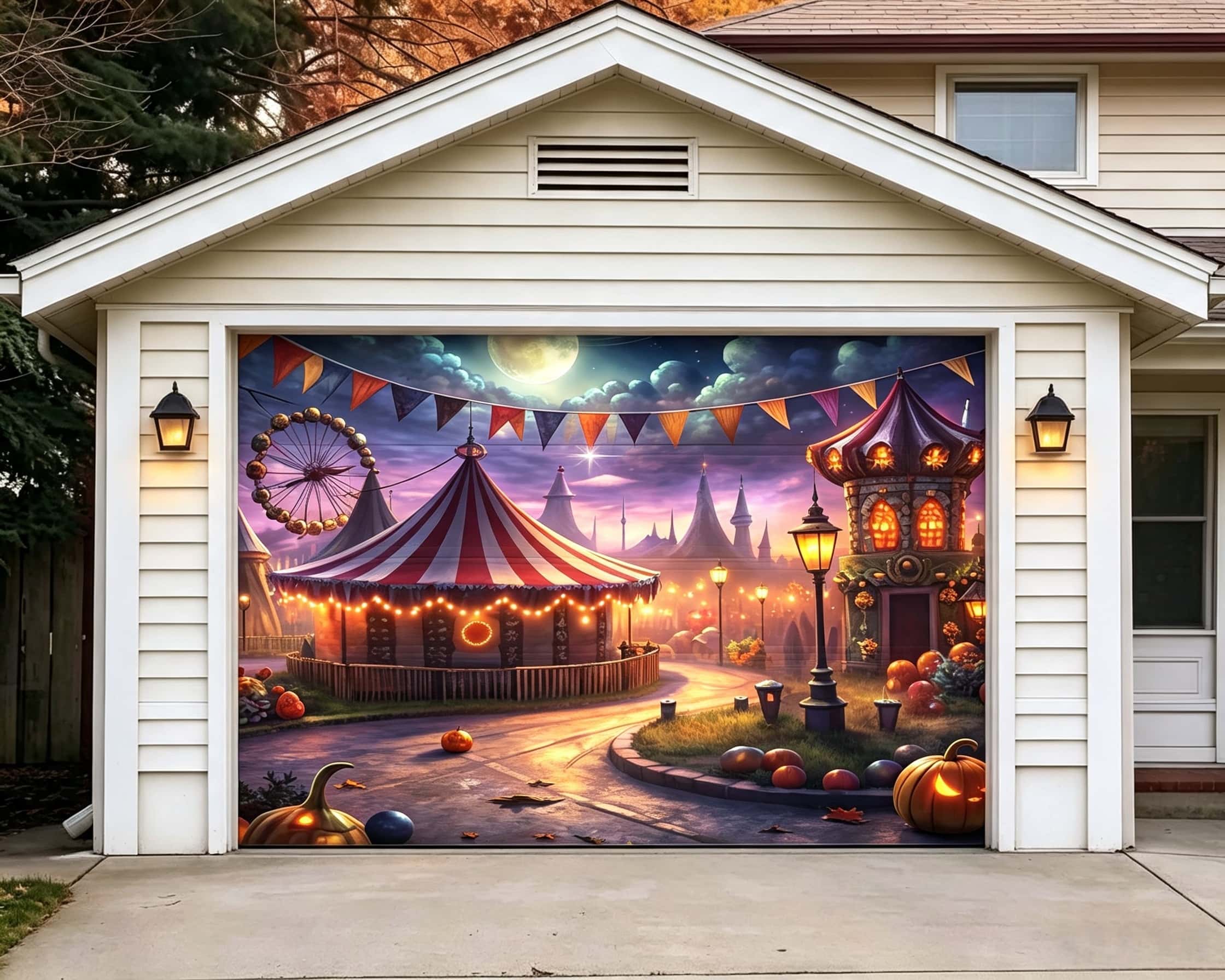 Halloween Spooky Backdrop Moonlit Pumpkin Carnival Village Outdoor Halloween Garage Door Banner CSH67-4-1 car